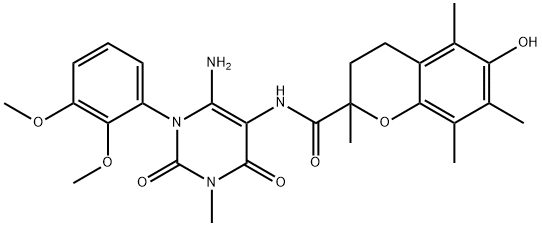 2H-1-Benzopyran-2-carboxamide,  N-[6-amino-1-(2,3-dimethoxyphenyl)-1,2,3,4-tetrahydro-3-methyl-2,4-dioxo-5-pyrimidinyl]-3,4-dihydro-6-hydroxy- Structure