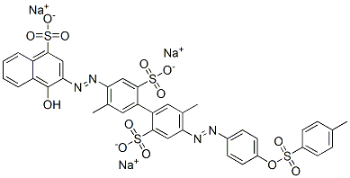 trisodium 4-[(1-hydroxy-4-sulphonato-2-naphthyl)azo]-5,5'-dimethyl-4'-[[4-[[(4-methylphenyl)sulphonyl]oxy]phenyl]azo][1,1'-biphenyl]-2,2'-disulphonate  Struktur