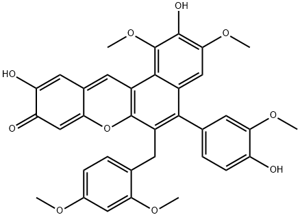 6-[(2,4-ジメトキシフェニル)メチル]-2,10-ジヒドロキシ-5-(4-ヒドロキシ-3-メトキシフェニル)-1,3-ジメトキシ-9H-ベンゾ[a]キサンテン-9-オン 化学構造式
