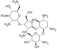 4-O-(2,6-ジアミノ-2,6-ジデオキシ-α-D-グルコピラノシル)-5-O-[3-O-(2,6-ジアミノ-2,6-ジデオキシ-α-D-グルコピラノシル)-β-D-リボフラノシル]-2-デオキシ-D-ストレプタミン 化学構造式