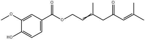 4-ヒドロキシ-3-メトキシ安息香酸3,7-ジメチル-5-オキソ-2,6-オクタジエニル 化学構造式