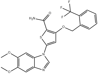 3-[[2-(トリフルオロメチル)ベンジル]オキシ]-5-(5,6-ジメトキシ-1H-ベンゾイミダゾール-1-イル)-2-チオフェンカルボアミド 化学構造式
