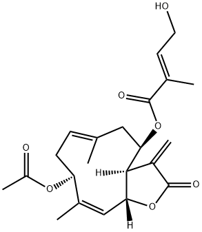 (E)-4-ヒドロキシ-2-メチル-2-ブテン酸[(3aR,4R,6E,9S,10Z,11aR)-9-アセトキシ-2,3,3a,4,5,8,9,11a-オクタヒドロ-6,10-ジメチル-3-メチレン-2-オキソシクロデカ[b]フラン-4-イル] 化学構造式