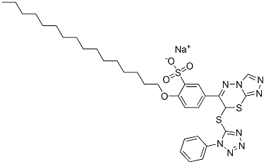 2-ヘキサデシルオキシ-5-[7-[(1-フェニル-1H-テトラゾール-5-イル)チオ]-7H-1,2,4-トリアゾロ[3,4-b][1,3,4]チアジアジン-6-イル]ベンゼンスルホン酸ナトリウム 化学構造式