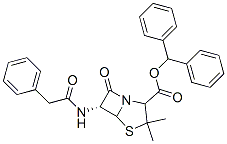 (6R)-6-(ベンジルカルボニルアミノ)-3,3-ジメチル-7-オキソ-4-チア-1-アザビシクロ[3.2.0]ヘプタン-2-カルボン酸ジフェニルメチル 化学構造式