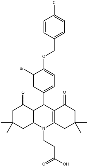 3-(9-(3-broMo-4-(4-chlorobenzyloxy)phenyl)-3,3,6,6-tetraMethyl-1,8-dioxo-1,2,3,4,5,6,7,8-octahydroacridin-10(9H)-yl)propanoic acid 化学構造式