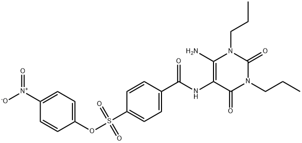 Benzenesulfonic  acid,  4-[[(6-amino-1,2,3,4-tetrahydro-2,4-dioxo-1,3-dipropyl-5-pyrimidinyl)amino]carbonyl]-,  4-nitrophenyl  ester Struktur