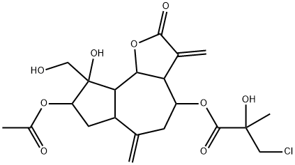 3-Chloro-2-hydroxy-2-methylpropionic acid [dodecahydro-8-acetoxy-9-hydroxy-9-(hydroxymethyl)-3,6-bis(methylene)-2-oxoazuleno[4,5-b]furan-4-yl] ester Struktur