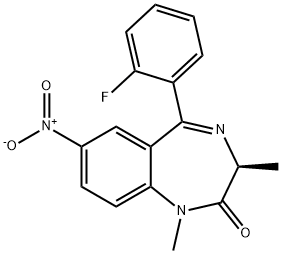 [3S,(+)]-5-(o-フルオロフェニル)-1,3-ジヒドロ-1,3-ジメチル-7-ニトロ-2H-1,4-ベンゾジアゼピン-2-オン 化学構造式