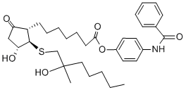3-ヒドロキシ-2-[(2-ヒドロキシ-2-メチルヘプチル)チオ]-5-オキソシクロペンタンヘプタン酸4-(ベンゾイルアミノ)フェニル 化学構造式