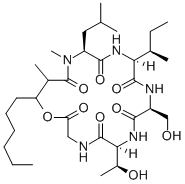 シクロ[Gly-[(2R,3R)-3-ヒドロキシ*-2-メチル-1-オキソノニル]-N-メチル-L-Leu-L-aIle-L-Ser-L-aThr-] 化学構造式