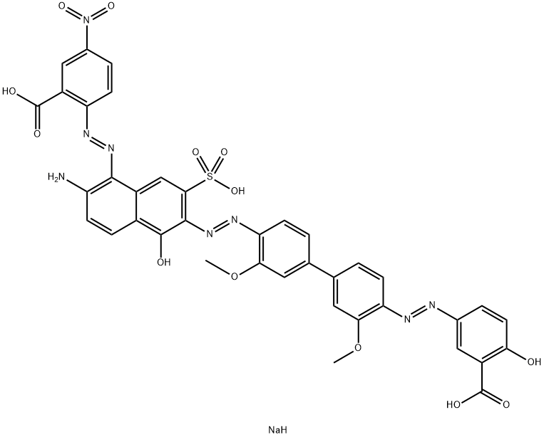 2-[[2-氨基-6-[[4'-[(3-羧基-4-羟基苯基)偶氮]-3,3'-二甲氧基(1,1'-二苯基)-4-基]偶氮]-5-羟基-7-磺基-1-萘基]偶氮]-5-硝基苯甲酸三钠盐 结构式