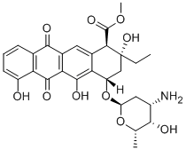 1-Naphthacenecarboxylic acid, 1,2,3,4,6,11-hexahydro-6,11-dioxo-2-ethy l-4-((2,3,6-trideoxy-3-amino-alpha-L-lyxo-hexopyranosyl)oxy)-2,5,7-tri hydroxy-, methyl ester, (1R-(1-alpha,2-beta,4-beta))- Structure