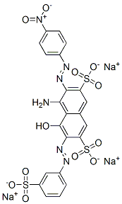 trisodium 4-amino-5-hydroxy-3-[(4-nitrophenyl)azo]-6-[(3-sulphonatophenyl)azo]naphthalene-2,7-disulphonate Struktur