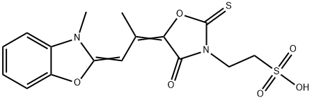 5-[1-methyl-2-(3-methyl-2(3H)-benzoxazol-1-ylidene)ethylidene]-4-oxo-2-thioxo-3-oxazolidineethanesulphonic acid Struktur