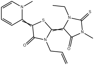 3-allyl-2-(3-ethyl-1-methyl-5-oxo-2-thioxoimidazolidin-4-ylidene)-5-(1-methylpyridin-2(1H)-ylidene)thiazolidin-4-one,67847-13-6,结构式