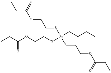 プロピオン酸4-ブチル-9-オキソ-4-[[2-(1-オキソプロピルオキシ)エチル]チオ]-8-オキサ-3,5-ジチア-4-スタンナウンデカン-1-イル 化学構造式