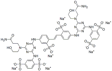 hexasodium 2,2'-[vinylenebis[(3-sulphonato-4,1-phenylene)imino[6-[(3-amino-3-oxopropyl)(2-hydroxyethyl)amino]-1,3,5-triazine-4,2-diyl]imino]]bis(benzene-1,4-disulphonate) 结构式
