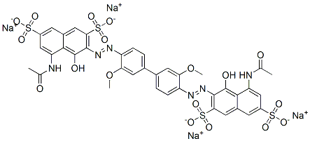 3,3'-[(3,3'-ジメトキシ[1,1'-ビフェニル]-4,4'-ジイル)ビス(アゾ)]ビス[5-(アセチルアミノ)-4-ヒドロキシ-2,7-ナフタレンジスルホン酸]テトラナトリウム 化学構造式