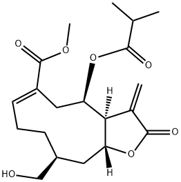 (3aS,4R,6E,10S,11aR)-2,3,3a,4,5,8,9,10,11,11a-Decahydro-10-hydroxymethyl-3-methylene-4-(2-methyl-1-oxopropoxy)-2-oxocyclodeca[b]furan-6-carboxylic acid methyl ester Struktur