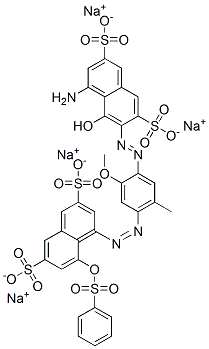 tetrasodium 4-amino-5-hydroxy-6-[[2-methoxy-5-methyl-4-[[8-[(phenylsulphonyl)oxy]-3,6-disulphonato-1-naphthyl]azo]phenyl]azo]naphthalene-2,7-disulphonate Struktur