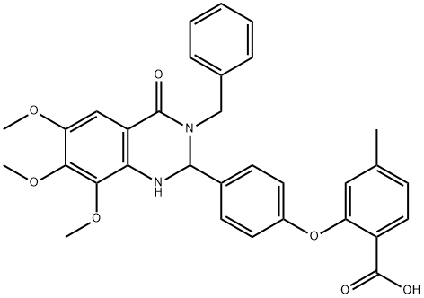 Benzoic  acid,  4-methyl-2-[4-[1,2,3,4-tetrahydro-6,7,8-trimethoxy-4-oxo-3-(phenylmethyl)-2-quinazolinyl]phenoxy]- Structure