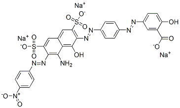 trisodium 5-[[4-[[8-amino-1-hydroxy-7-[(4-nitrophenyl)azo]-3,6-disulphonato-2-naphthyl]azo]phenyl]azo]salicylate Structure