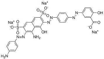 trisodium 5-[[4-[[8-amino-7-[(4-aminophenyl)azo]-1-hydroxy-3,6-disulphonato-2-naphthyl]azo]phenyl]azo]salicylate Structure