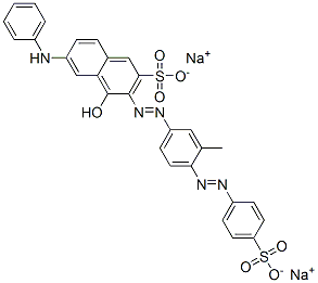 disodium 4-hydroxy-3-[[3-methyl-4-[(4-sulphonatophenyl)azo]phenyl]azo]-6-(phenylamino)naphthalene-2-sulphonate Struktur