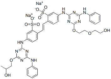 68025-20-7 disodium 5-[[6-anilino-4-[2-(2-hydroxyethoxy)ethoxy]-1,3,5-triazin-2-yl]amino]-2-[2-[4-[[6-anilino-4-(2-hydroxypropoxy)-1,3,5-triazin-2-yl]amino]-2-sulphonatophenyl]vinyl]benzenesulphonate