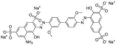 5-アミノ-4-ヒドロキシ-3-[[4'-[(2-ヒドロキシ-3,6-ジスルホ-1-ナフタレニル)アゾ]-3,3'-ジメトキシ-[1,1'-ビフェニル]-4-イル]アゾ]-2,7-ナフタレンジスルホン酸テトラナトリウム 化学構造式