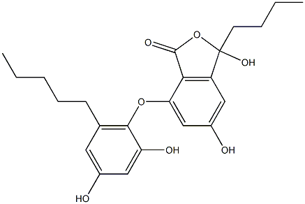 (+)-3-Butyl-3,5-dihydroxy-7-(2,4-dihydroxy-6-pentylphenoxy)-1(3H)-isobenzofuranone Structure