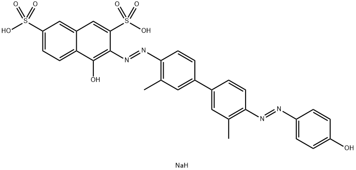 disodium 4-hydroxy-3-[[4'-[(4-hydroxyphenyl)azo]-3,3'-dimethyl[1,1'-biphenyl]-4-yl]azo]naphthalene-2,7-disulphonate Struktur