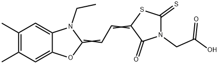 5-[(3-ethyl-5,6-dimethylbenzoxazol-2(3H)-ylidene)ethylidene]-4-oxo-2-thioxothiazolidin-3-acetic acid Struktur
