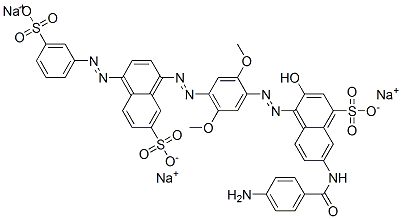 trisodium 7-[(4-aminobenzoyl)amino]-4-[[2,5-dimethoxy-4-[[7-sulphonato-4-[(3-sulphonatophenyl)azo]naphthyl]azo]phenyl]azo]-3-hydroxynaphthalene-1-sulphonate  Struktur