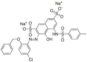 disodium 3-[[5-chloro-2-(phenylmethoxy)phenyl]azo]-4-hydroxy-5-[[(p-tolyl)sulphonyl]amino]naphthalene-2,7-disulphonate Structure