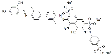 4-アミノ-3-[4'-(2,4-ジヒドロキシフェニル)アゾ-3,3'-ジメチル-4-ビフェニリルアゾ]-5-ヒドロキシ-6-(4-ソジオスルホフェニルアゾ)-2,7-ナフタレンジスルホン酸二ナトリウム 化学構造式