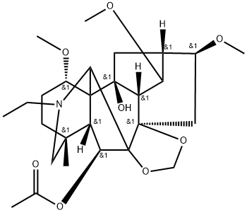 20-エチル-1α,14α,16β-トリメトキシ-4-メチル-7,8-[メチレンビス(オキシ)]アコニタン-6β,10-ジオール6-アセタート 化学構造式