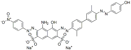 4-アミノ-5-ヒドロキシ-6-[[4'-[(4-ヒドロキシフェニル)アゾ]-3,3'-ジメチル[1,1'-ビフェニル]-4-イル]アゾ]-3-[(4-ニトロフェニル)アゾ]-2,7-ナフタレンジスルホン酸ジナトリウム 化学構造式