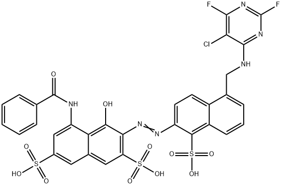 5-(benzoylamino)-3-[[5-[[(5-chloro-2,6-difluoro-4-pyrimidinyl)amino]methyl]-1-sulpho-2-naphthyl]azo]-4-hydroxynaphthalene-2,7-disulphonic acid Struktur