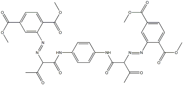 2,2'-[1,4-フェニレン-ビス[イミノ(1-アセチル-2-オキソエタン-2,1-ジイル)アゾ]]ビス(テレフタル酸ジメチル) 化学構造式