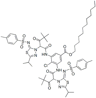 dodecyl 4-chloro-3,5-bis[[4,4-dimethyl-2-[5-(isopropyl)-2-[[(4-tolyl)sulphonyl]imino]-1,3,4-thiadiazole-3(2H)-yl]-1,3-dioxopentyl]amino]benzoate,68588-51-2,结构式