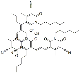 bis[5-[3-(5-cyano-1-hexyl-1,6-dihydro-2-hydroxy-4-methyl-6-oxo-3-pyridyl)allylidene]-1-hexyl-1,2,5,6-tetrahydro-4-methyl-2,6-dioxonicotinonitrile], calcium salt 结构式