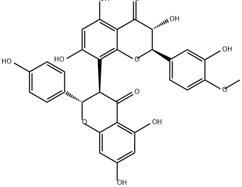 (2S,3R)-3-[(2R)-5,7-ジヒドロキシ-2-(3-ヒドロキシ-4-メトキシフェニル)-4-オキソ-3,4-ジヒドロ-2H-1-ベンゾピラン-8-イル]-3,5,7-トリヒドロキシ-2-(4-ヒドロキシフェニル)-3,4-ジヒドロ-2H-1-ベンゾピラン-4-オン 化学構造式