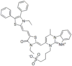 2-[[3-ethyl-5-[(3-ethyl-4,5-diphenyl-(3H)-thiazol-2-ylidene)ethylidene]-4-oxothiazolidin-2-ylidene]methyl]-4-methyl-1-(4-sulphonatobutyl)pyrimido[1,2-a]benzimidazolium,68758-82-7,结构式