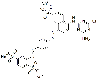 2-[[4-[[4-[(4-アミノ-6-クロロ-1,3,5-トリアジン-2-イル)アミノ]-7-スルホ-1-ナフタレニル]アゾ]-2,5-ジメチルフェニル]アゾ]-1,4-ベンゼンジスルホン酸トリナトリウム 化学構造式