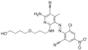 2-amino-5-[(2-chloro-6-cyano-4-nitrophenyl)azo]-6-[[3-(4-hydroxybutoxy)propyl]amino]-4-methylnicotinonitrile  Struktur