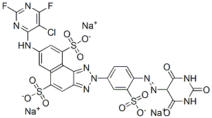 trisodium 7-[(5-chloro-2,6-difluoropyrimidin-4-yl)amino]-2-[4-[(hexahydro-2,4,6-trioxopyrimidin-5-yl)azo]-3-sulphonatophenyl]-2H-naphtho[1,2-d]triazole-5,9-disulphonate  Struktur