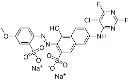 disodium 7-[(5-chloro-2,6-difluoropyrimidin-4-yl)amino]-4-hydroxy-3-[(4-methoxy-2-sulphonatophenyl)azo]naphthalene-2-sulphonate Structure