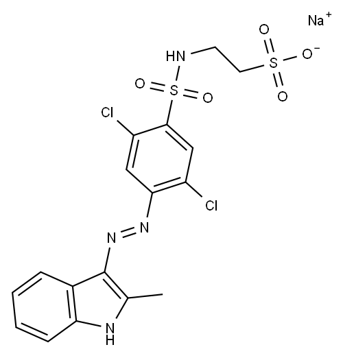 sodium 2-[[[2,5-dichloro-4-[(2-methyl-1H-indol-3-yl)azo]phenyl]sulphonyl]amino]ethanesulphonate Struktur